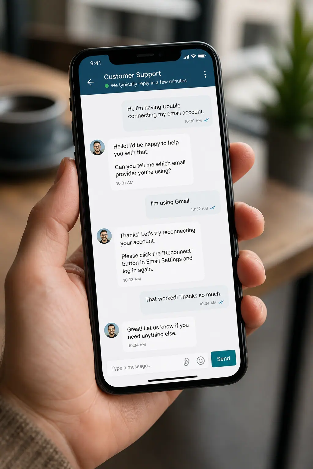 Cliente chateando desde el celular; la conversación llega a InboxHub